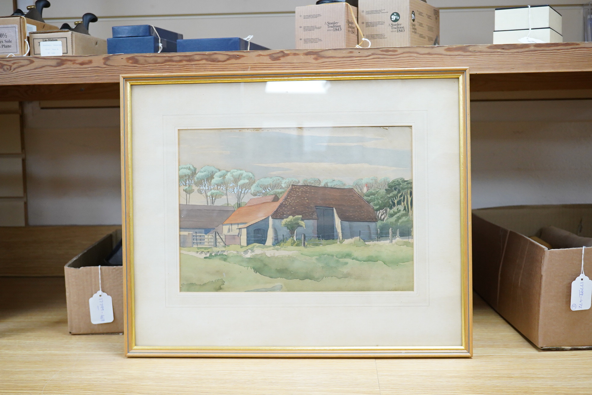 Chris Harrison, Study of farm buildings before trees, signed, watercolour, 25 x 35cm